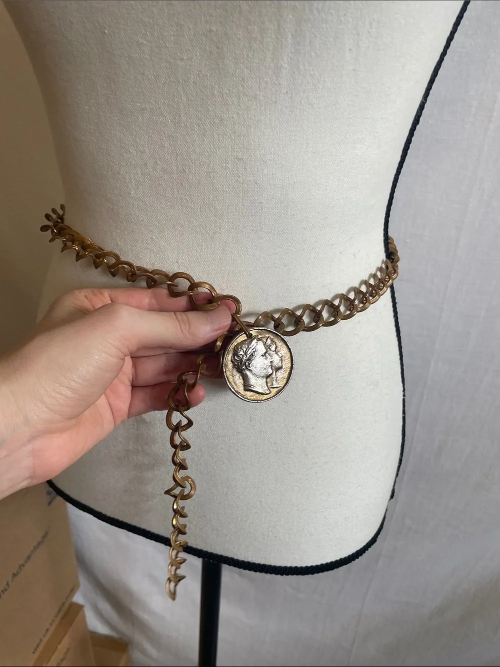 Vintage Antique Coin Pendant Chain Necklace belt in Brass Tone
